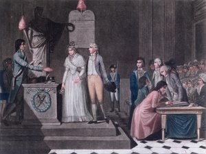 عمدة إجراء زواج جمهوري خلال فترة الثورة الفرنسية ، ج 1795 (نقش ملون) بواسطة ليجراند